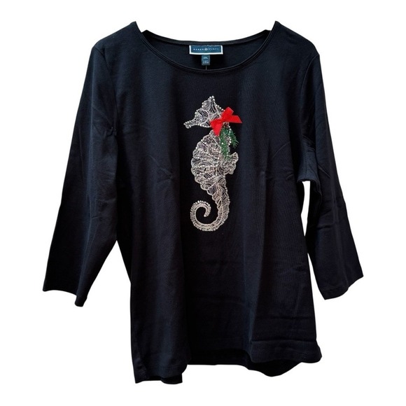 NWT Karen Scott  Black Whimsy Tee Holiday Christmas Silver Seahorse Top Sz XXL - Picture 1 of 7